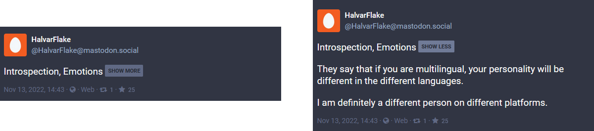 Two screenshots of mastodon.social - one with "Introspection, Emotions" next to a "Show More" button, the other with "Introspection, Emotions" next to a "Show Less" button and more text underneath