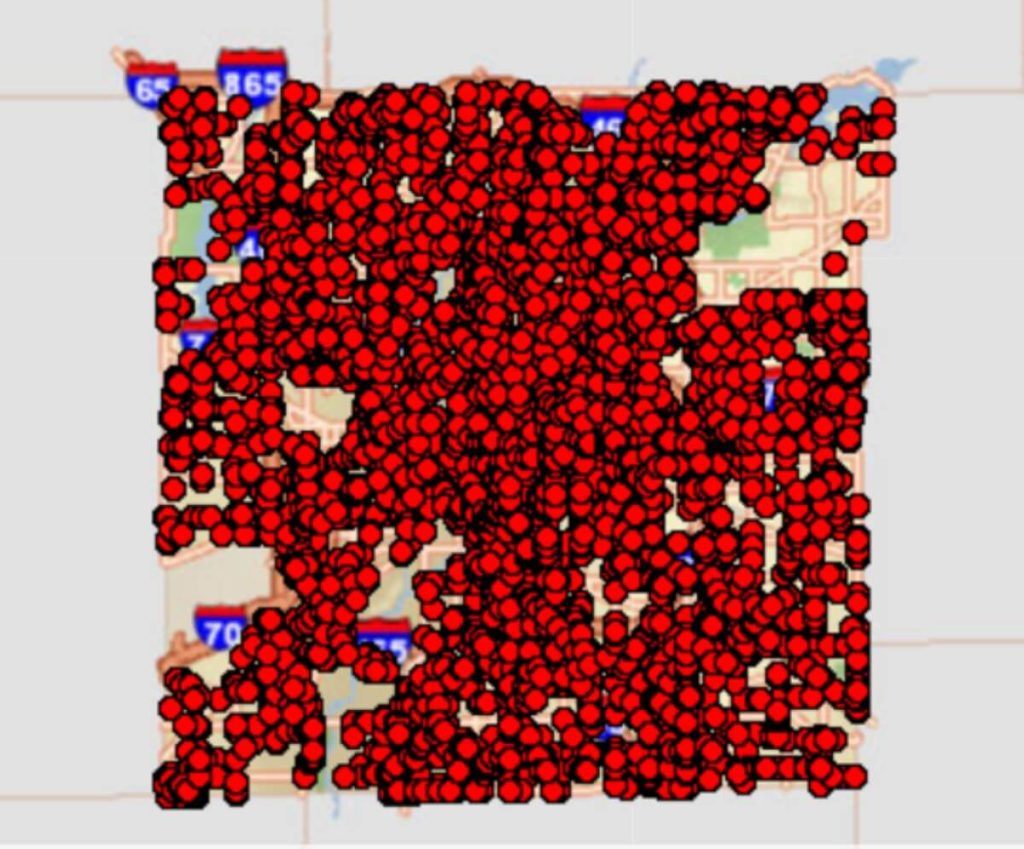 A map of Marion County with red dots representing potholes. Most of the image is just red dots, with a small amount of map behind it.