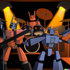 Band Poster of Transformer robots playing guitar and drums in a rock band onstage.The joke is that Coqui uses the now-ubiquitous Transformer architecture to train voice clones